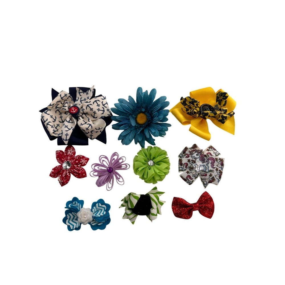 Lot Of 10 Assorted Hair Bow‎ Clips Set With Floral & Unicorn Designs For Girls